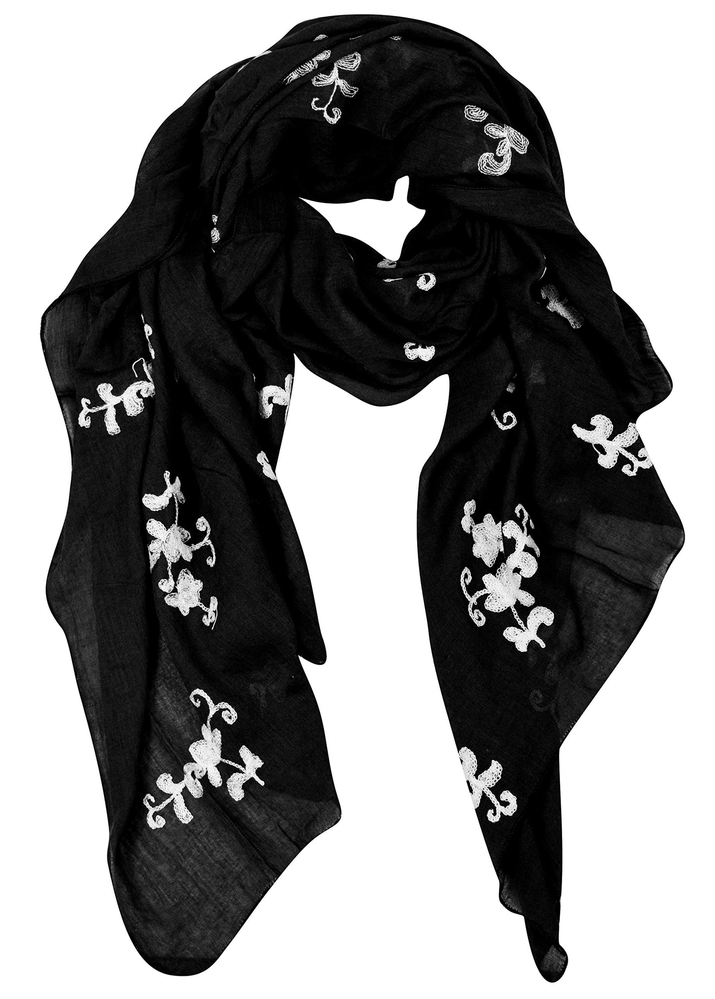 Wholesale Bulk Lot: Intricate Floral Pansy Embroidered Black Summer Shawl Scarf Wrap Reseller Pack