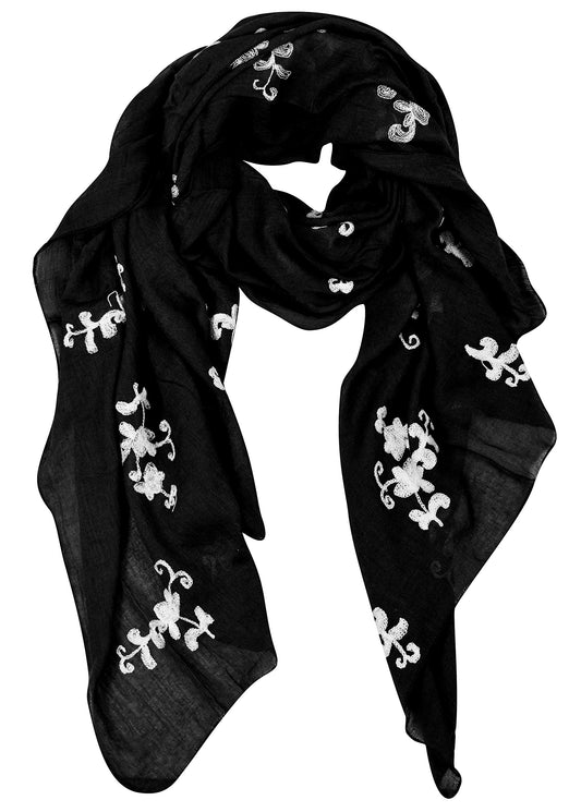 Wholesale Bulk Lot: Intricate Floral Pansy Embroidered Black Summer Shawl Scarf Wrap Reseller Pack