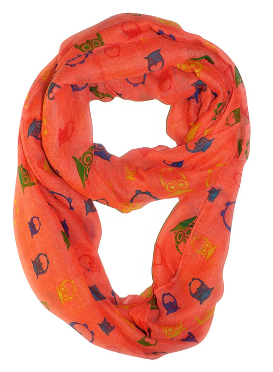Wholesale Lot: Vintage Owl Print Lightweight Infinity Loop Scarf Coral Reseller Pack