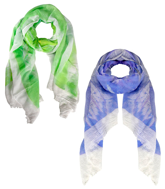 Wholesale Lot: 2 Pack Womens Abstract Feather Design Scarves Green and Purple