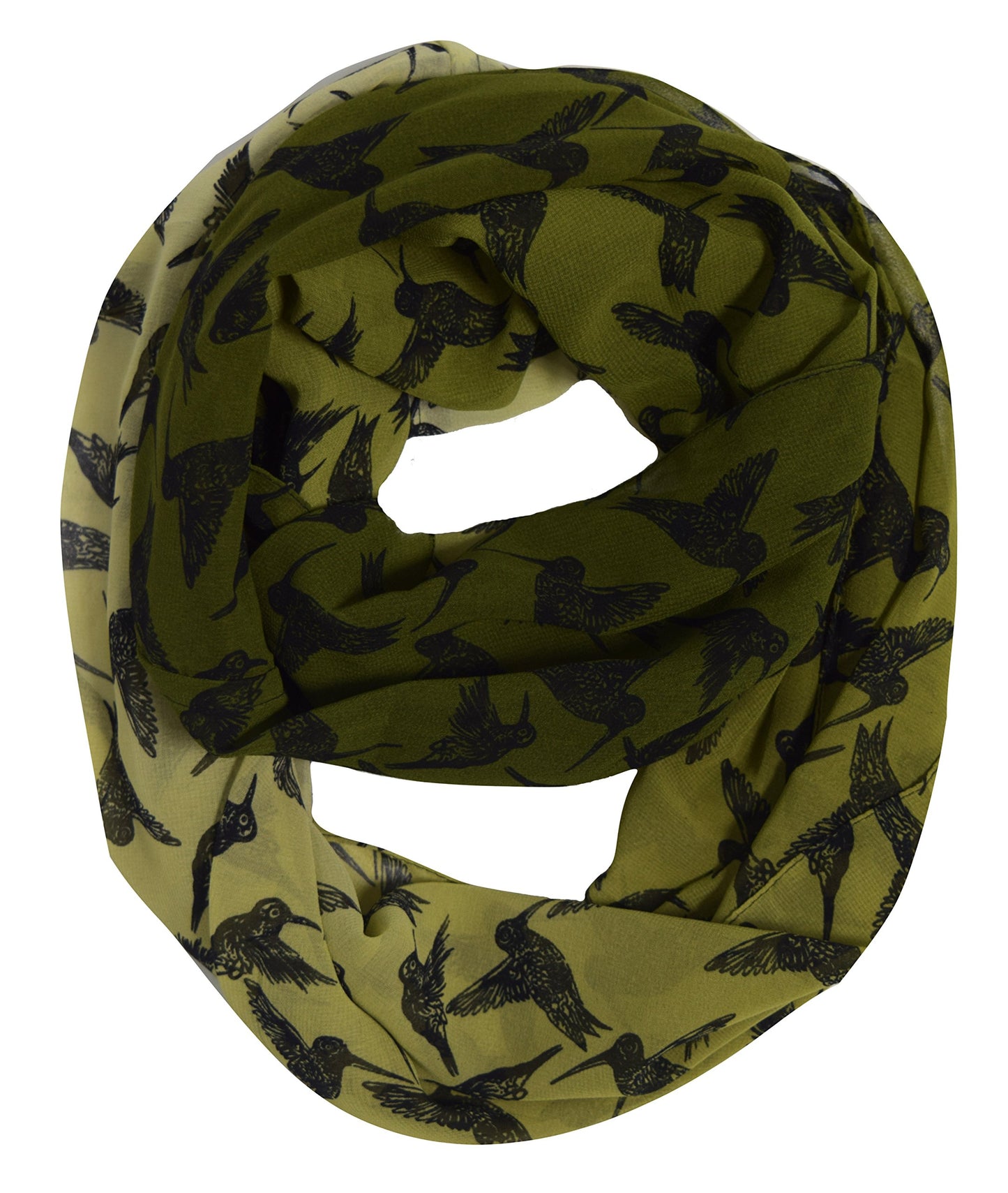 Wholesale Bulk Lot: Sheer Bird Print Hunter Green Infinity Circle Loop Scarf Reseller Pack