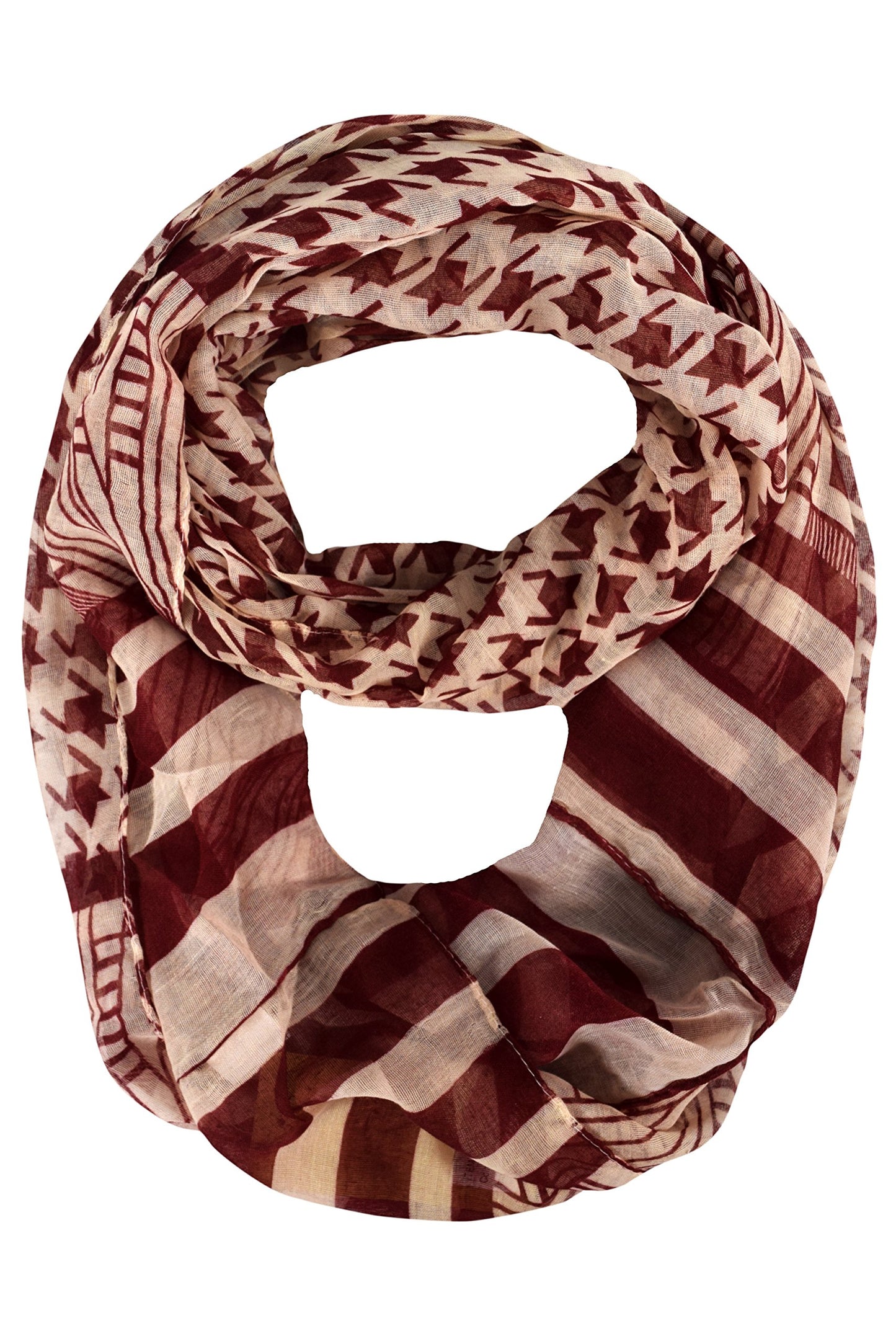 Wholesale Bulk Lot: Red & Cream Tribal Striped Houndstooth Sheer Infinity Loop Scarf Reseller Pack
