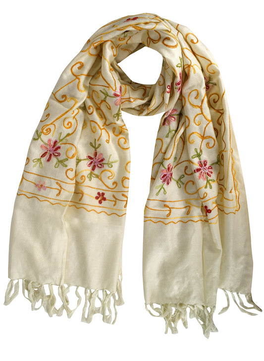 Wholesale Bulk Lot Embroidered Flower Wool Pashmina Scarf Wrap Shawl Cream for Resellers