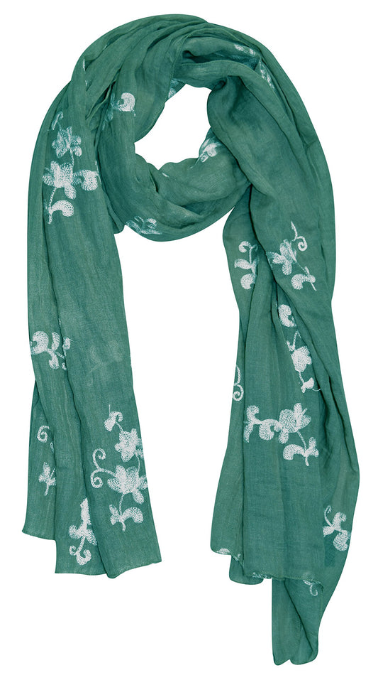 Wholesale Bulk Lot: Intricate Floral Pansy Embroidered Green Light Weight Summer Shawl Scarf Wrap