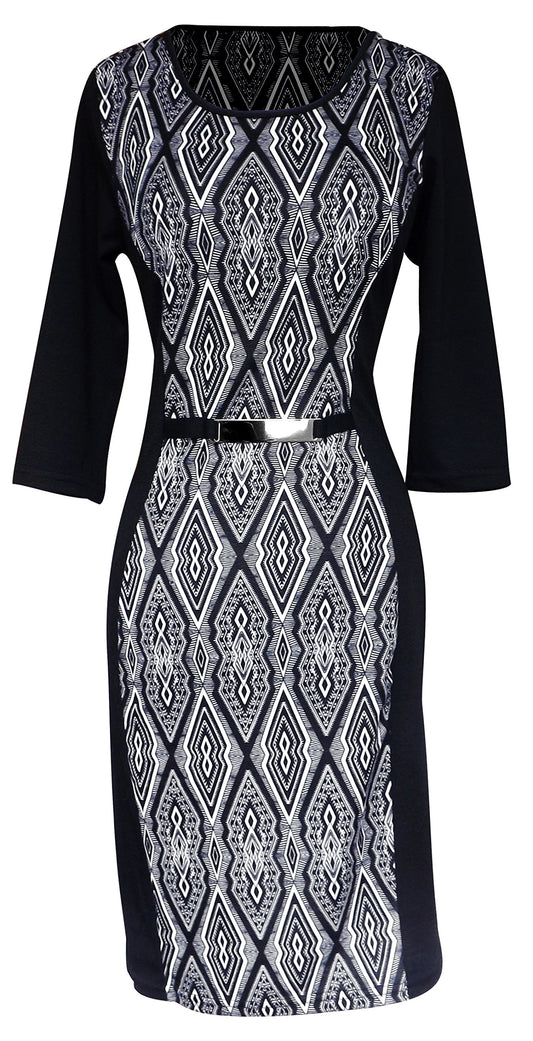 Wholesale Bulk Lot: Chic Printed 3/4 Sleeve Sheath Slimming Dress Diamond Large