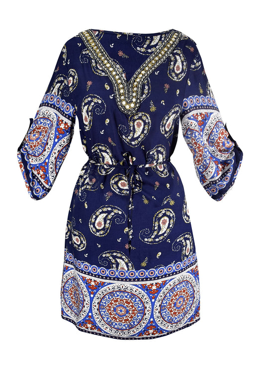 Wholesale Lot: Women’s Beaded Gem V Neck Paisley 3/4 Sleeve Tunic Dress Red XL