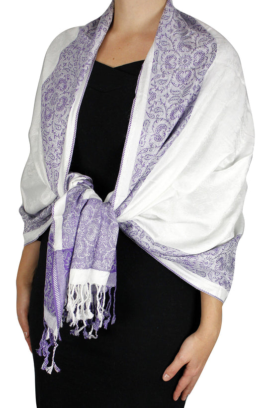 Wholesale Bulk Lot Reversible Paisley Floral Pashmina Wrap Shawl White Purple Scarf for Resellers