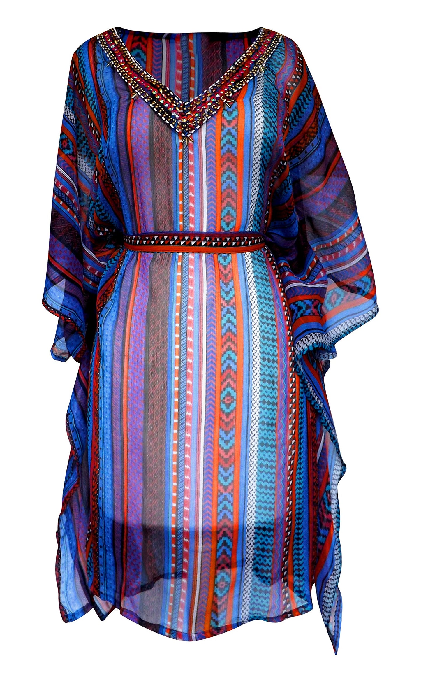 Wholesale Bulk Lot: Geometric Tribal Print Belted Tunic Mini Dress Blue Medium