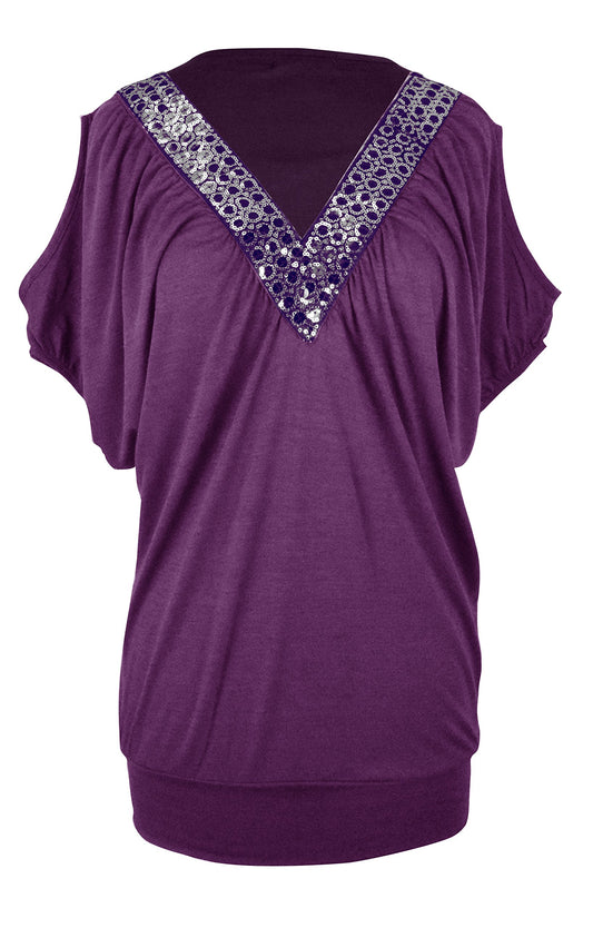 Wholesale Bulk Lot: Sequin V-Neck Blouse Top Purple Small Reseller Pack
