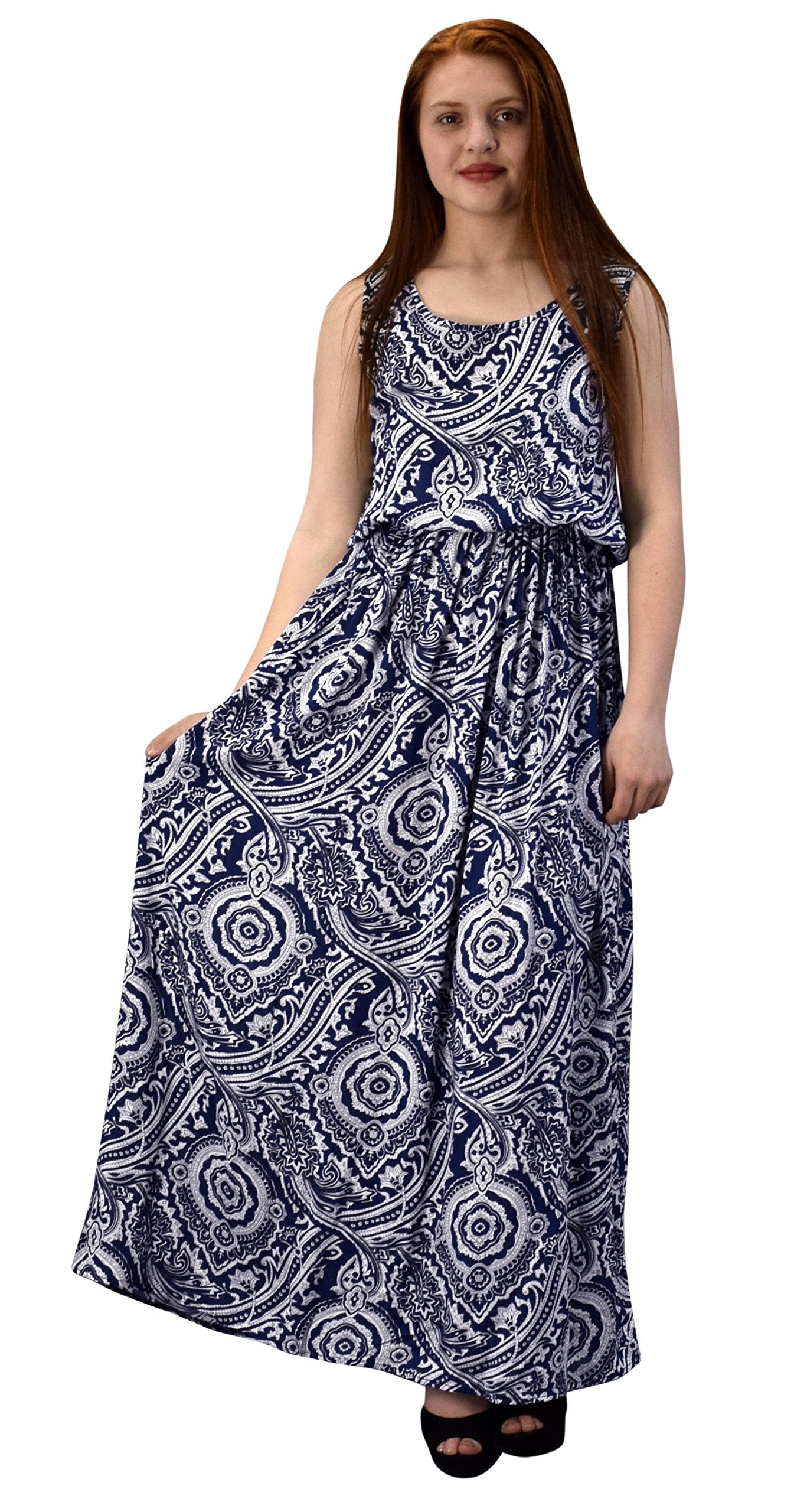 Wholesale Bulk Lot: Damask Sleeveless Blouson Maxi Dress Mosaic Navy Medium