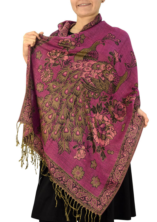 Wholesale Bulk Lot Floral Peacock Reversible Shimmer Layered Pashmina Shawl Scarf Hot Pink Reseller