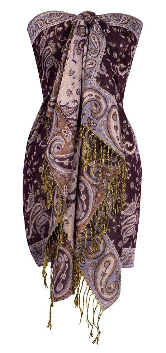 Wholesale Bulk Lot Reversible Paisley Pashmina Shawl Double Layer Plum Scarf for Resellers