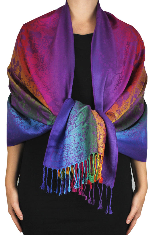 Wholesale Bulk Lot Rainbow Tropical Hibiscus Floral Silky Pashmina Shawl Scarf for Resellers Purple