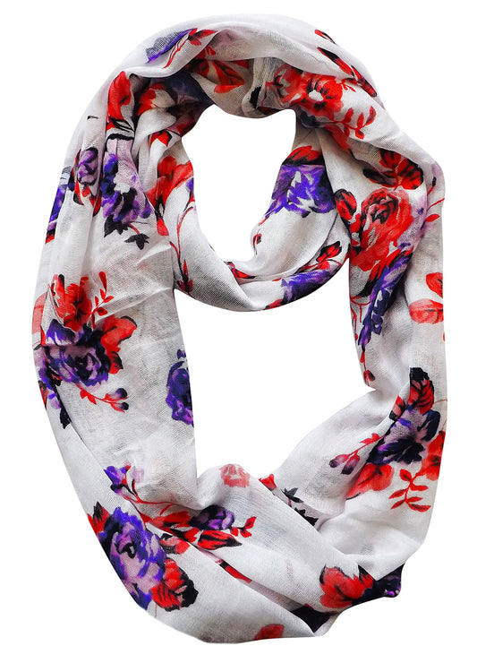Wholesale Bulk Lot: Graphic Floral Print Infinity Loop Scarf Violet Red Reseller Pack
