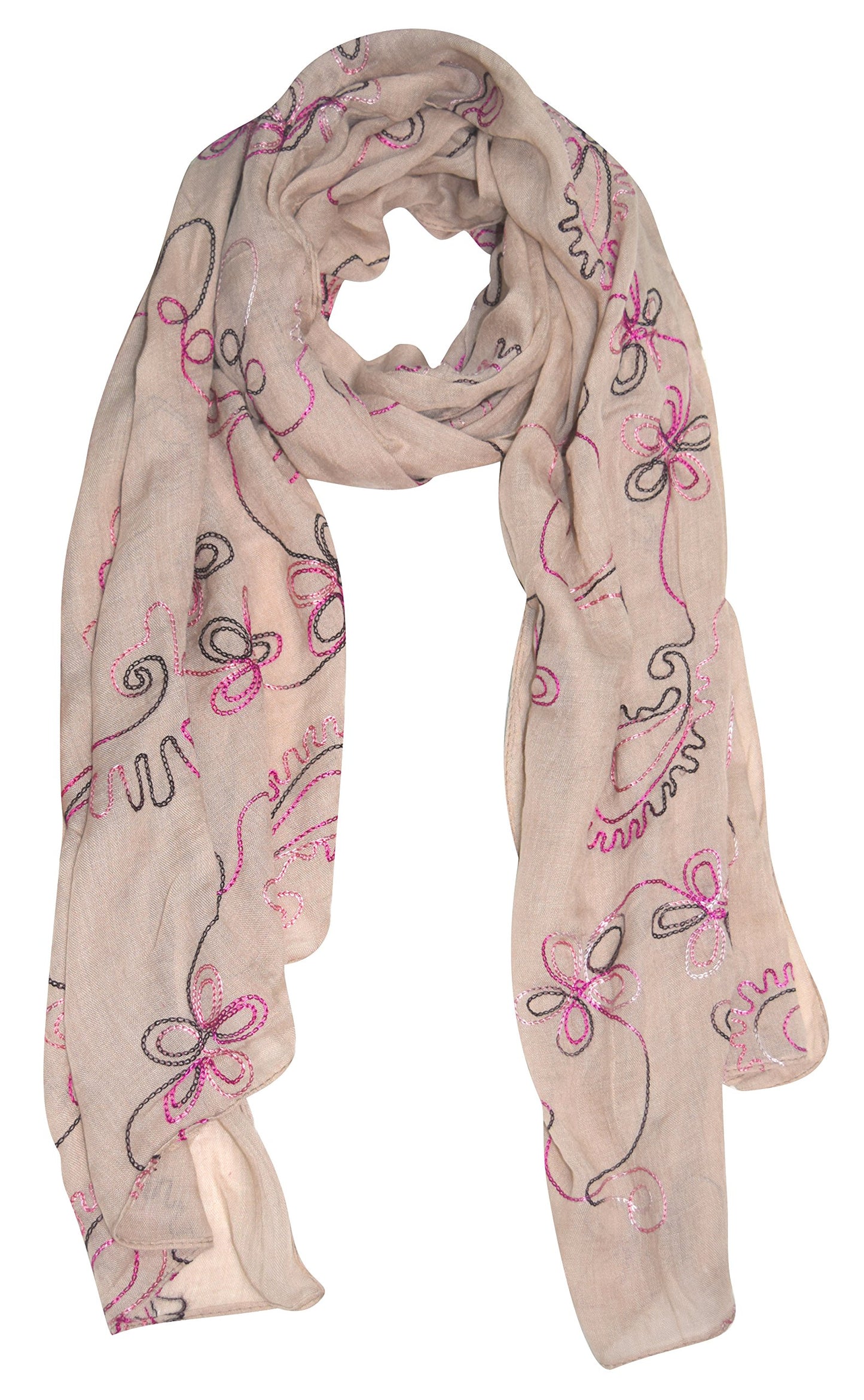Wholesale Bulk Lot: Blossom Embroidered Sheer Scarf Wrap Shawl Tan Reseller Pack