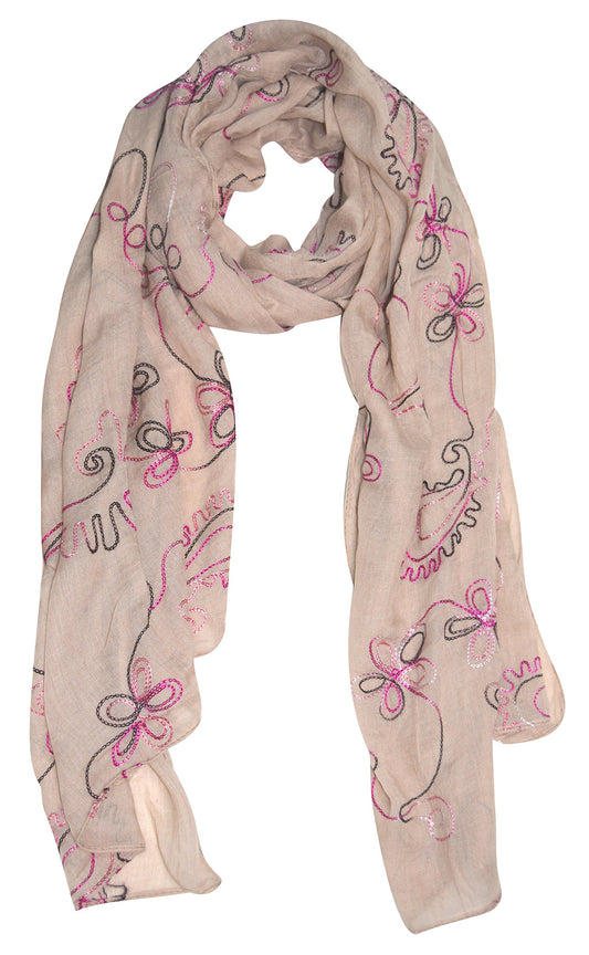 Wholesale Bulk Lot: Blossom Embroidered Sheer Scarf Wrap Shawl Tan Reseller Pack