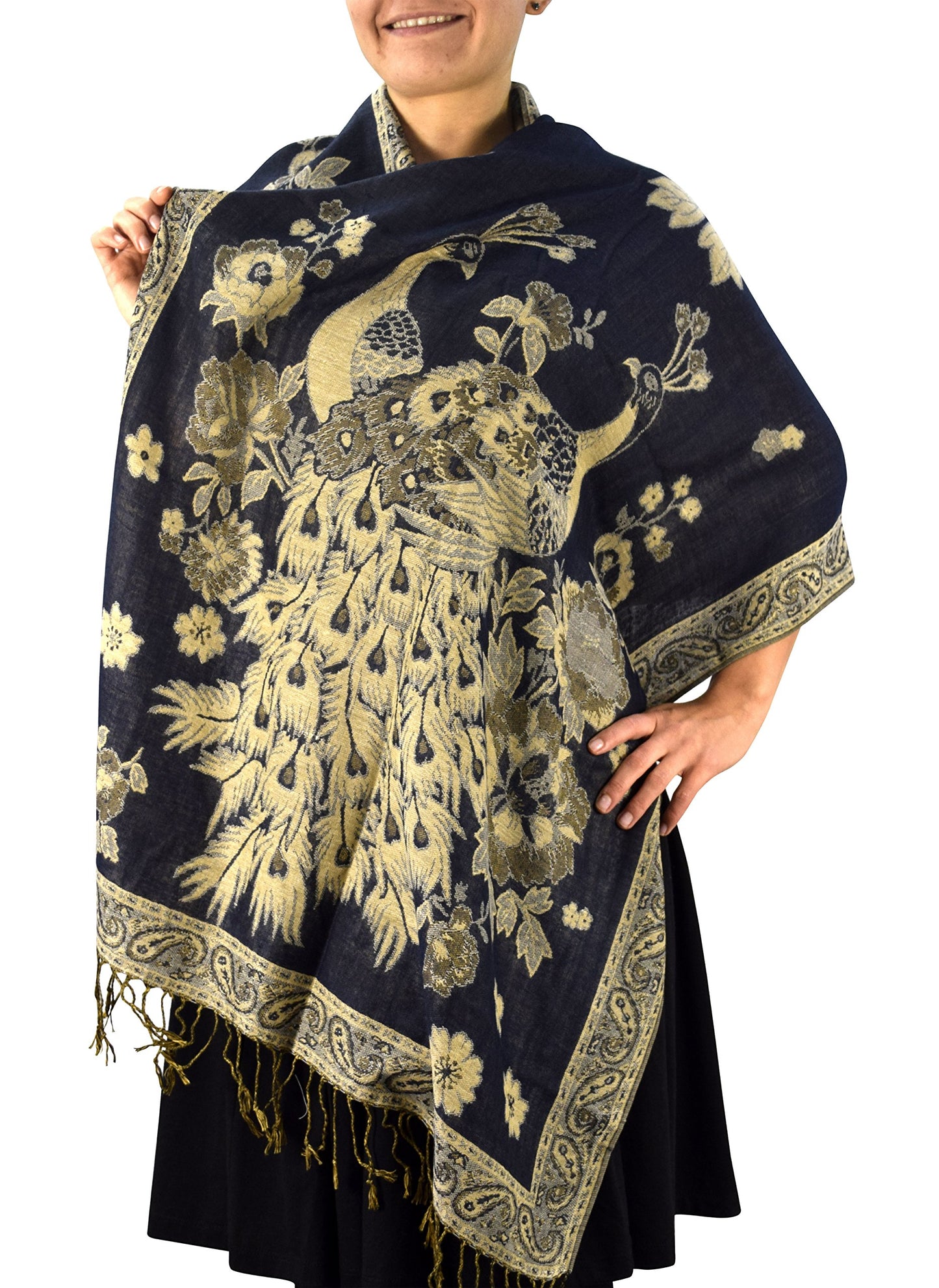 Wholesale Bulk Lot Floral Peacock Reversible Shimmer Pashmina Shawl Scarf for Resellers Blue