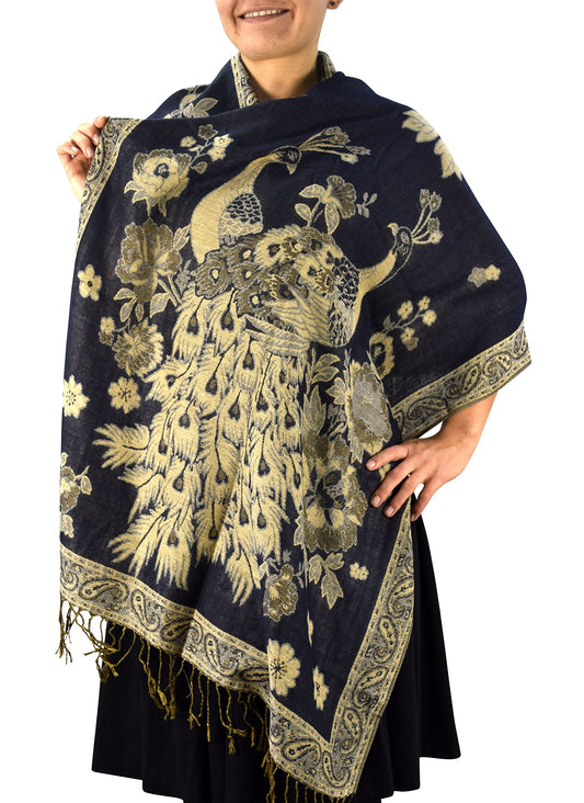 Wholesale Bulk Lot Floral Peacock Reversible Shimmer Pashmina Shawl Scarf for Resellers Blue