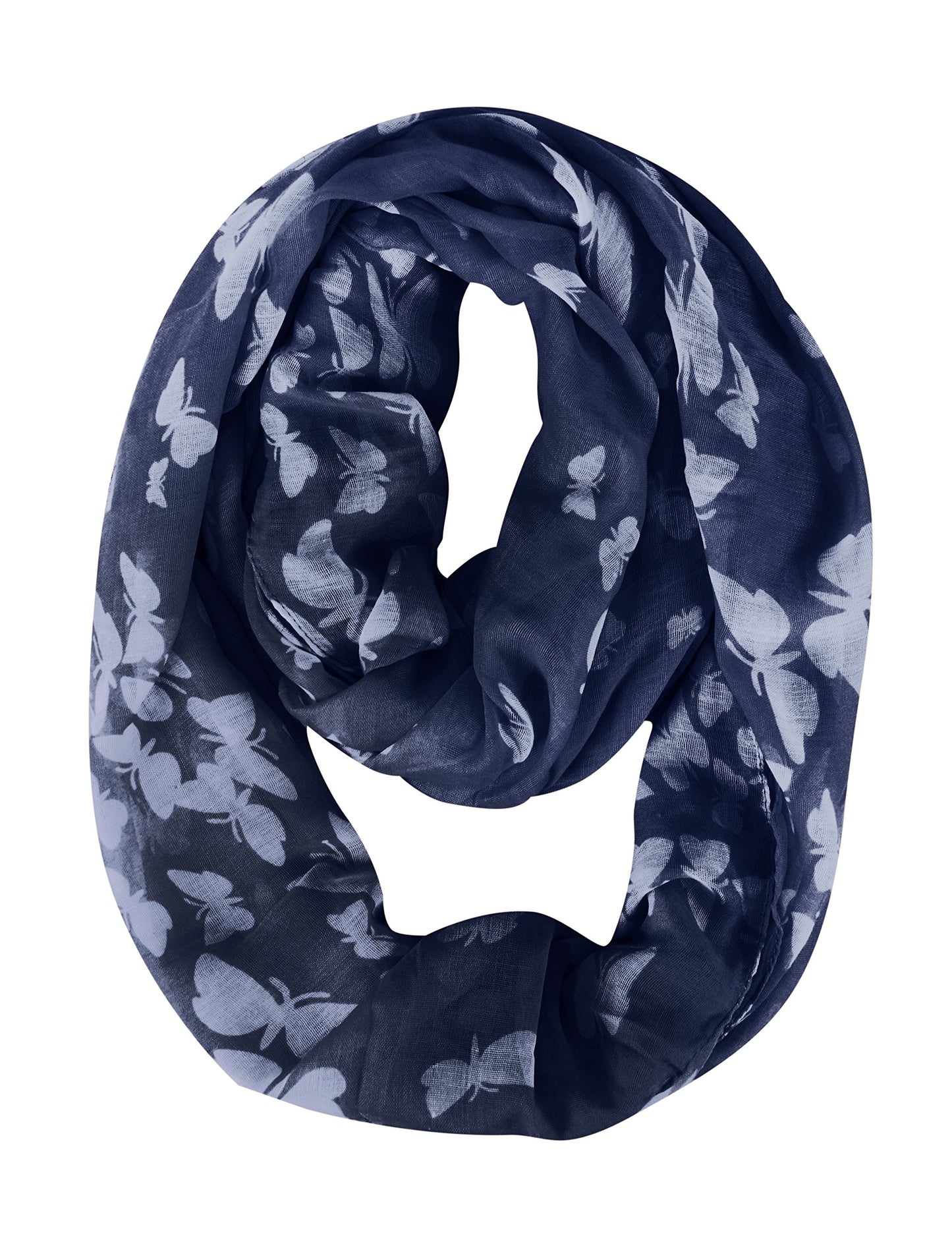Wholesale Bulk Lot: Navy White Butterfly Print Sheer Infinity Loop Scarf for Resellers