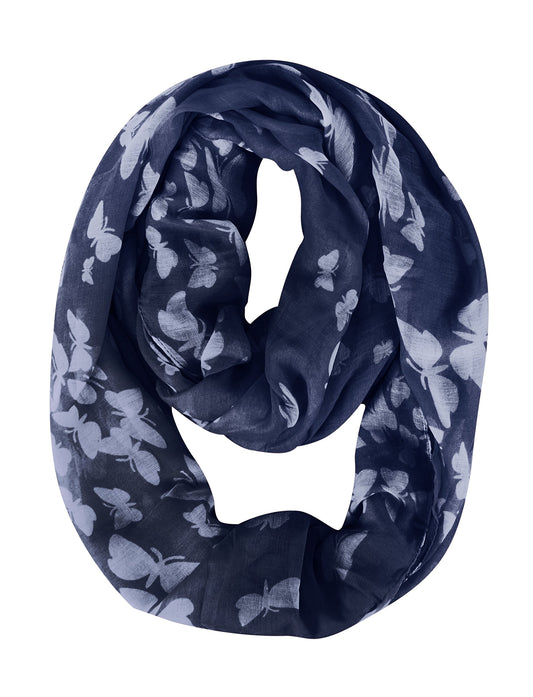 Wholesale Bulk Lot: Navy White Butterfly Print Sheer Infinity Loop Scarf for Resellers