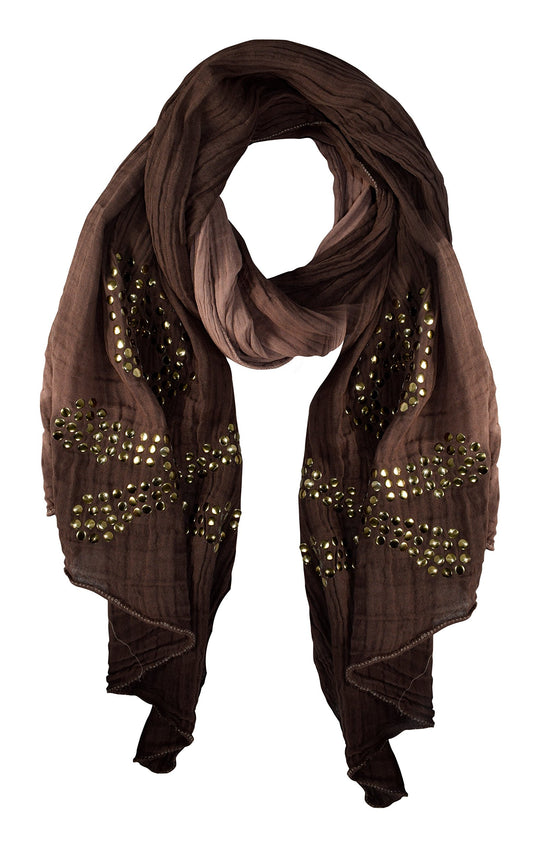 Wholesale Bulk Lot: Vintage Brown Cotton Crinkled Ombre Skull Studded Scarf Shawl Reseller Pack