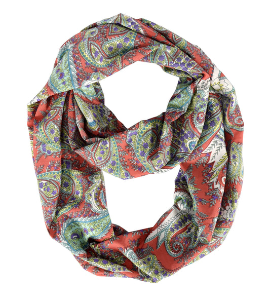 Wholesale Bulk Lot: Bohemian Paisley Coral Red Infinity Loop Scarf Reseller Pack
