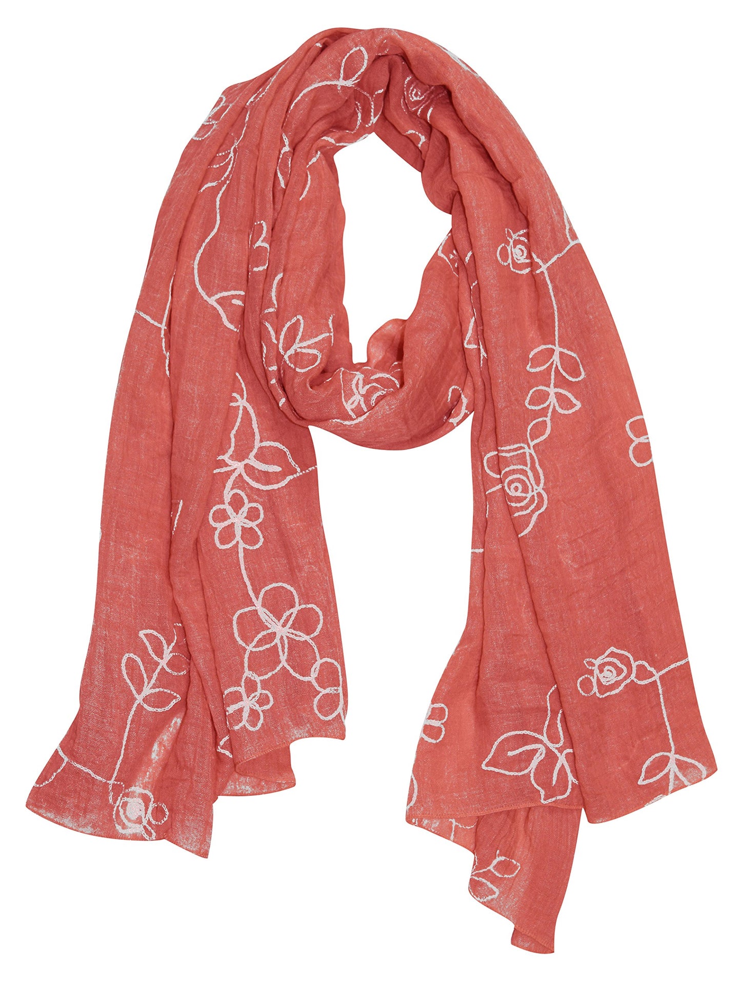 Wholesale Bulk Lot: Intricate Floral Rose Embroidered Lightweight Summer Scarf Wrap Coral Reseller