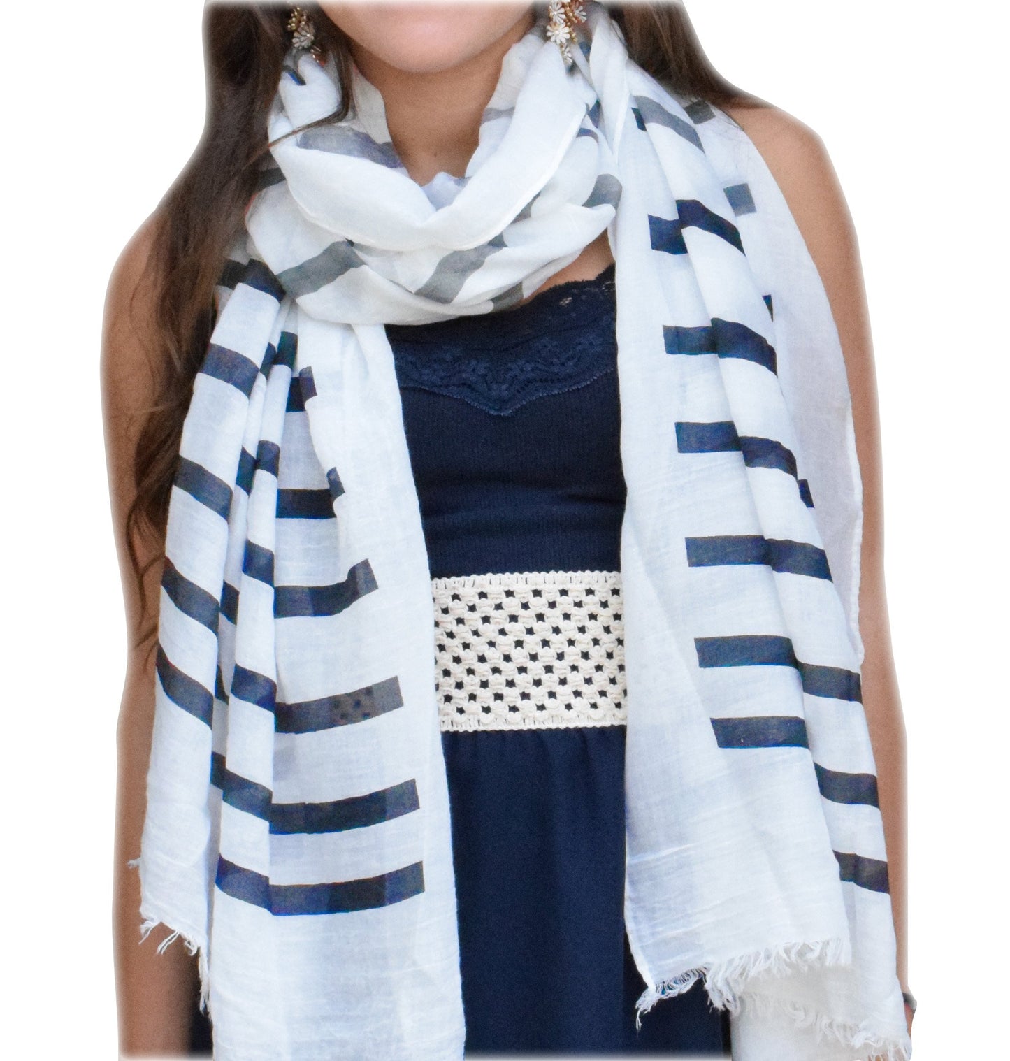 Wholesale Bulk Lot: Vertical Striped Fading Navy Scarf with Eyelash Fringe for Resellers