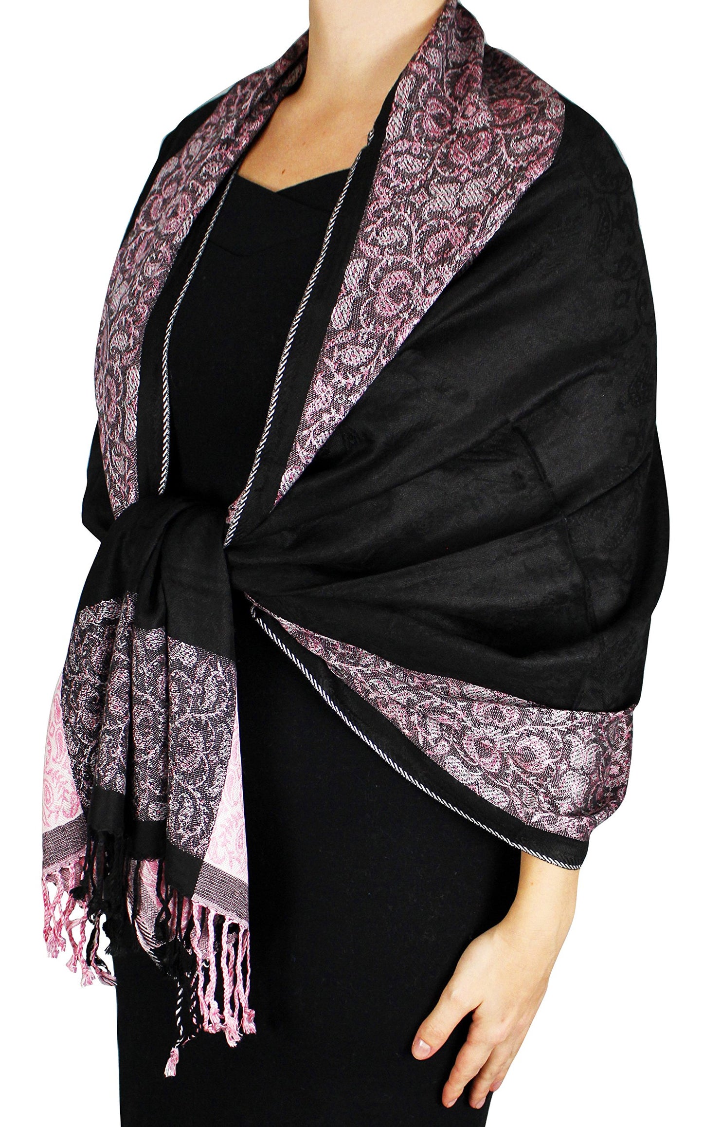 Wholesale Bulk Lot Reversible Paisley Floral Pashmina Wrap Shawl Black Pink for Resellers
