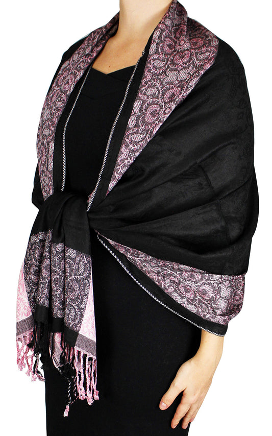 Wholesale Bulk Lot Reversible Paisley Floral Pashmina Wrap Shawl Black Pink for Resellers