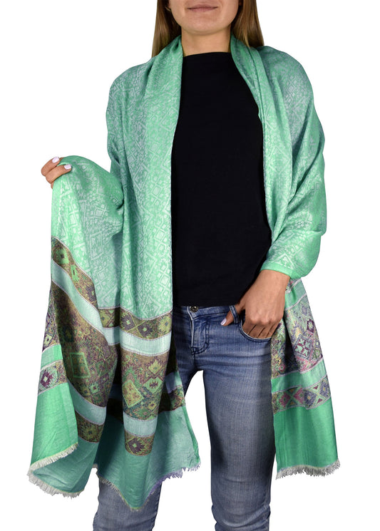 Wholesale Bulk Lot Silky Shiny Geometric Tribal Printed Fringe Aqua Scarf for Resellers