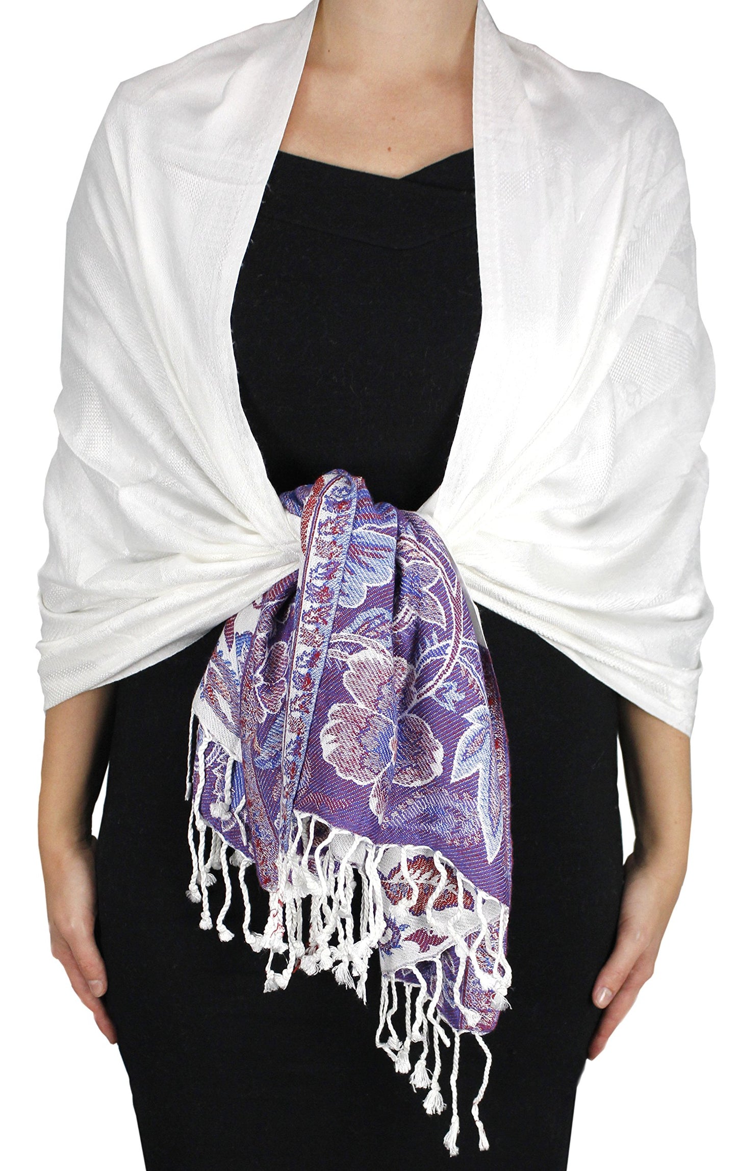 Wholesale Bulk Lot Reversible Paisley Floral White Pashmina Wrap Shawl Scarf for Resellers