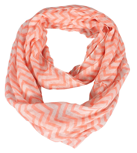 Wholesale Bulk Lot: Lightweight Sheer Chevron Infinity Loop Scarf Neon Orange & White Reseller Pack