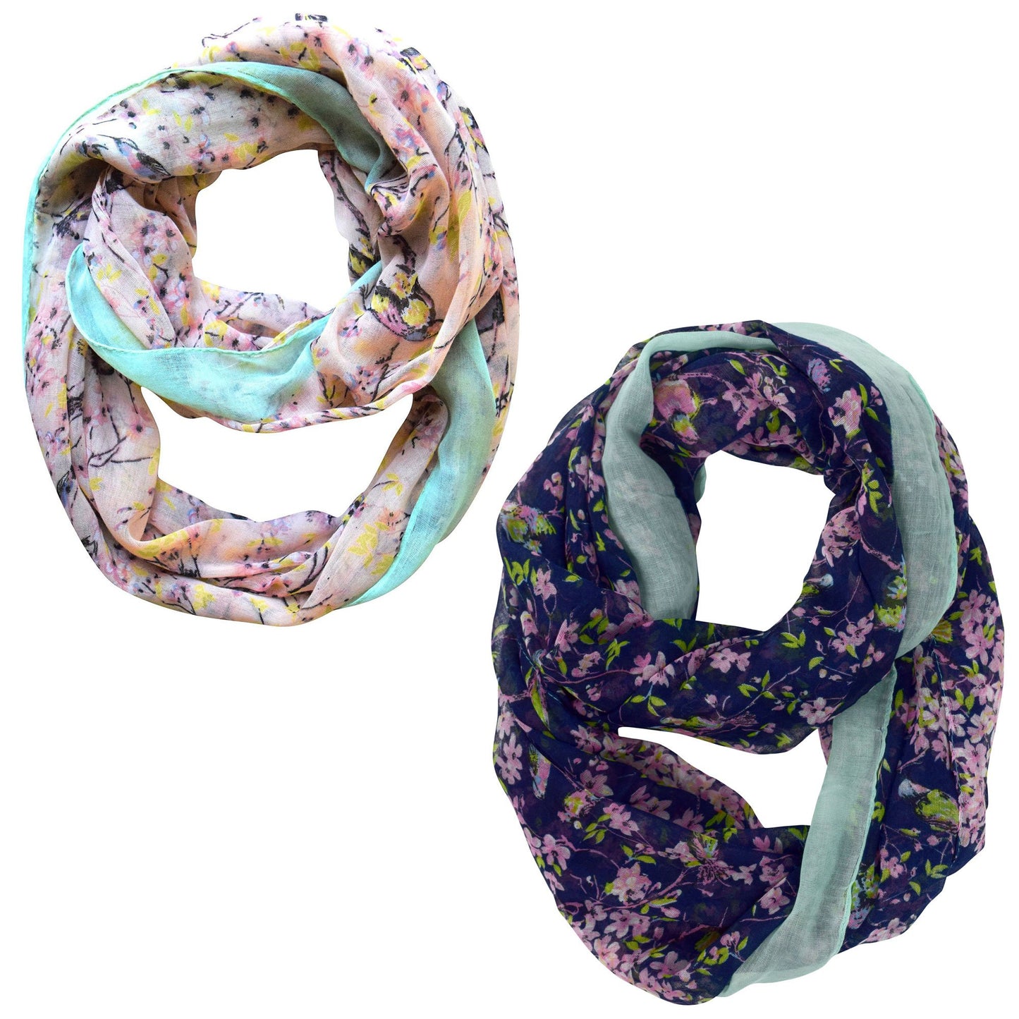 Wholesale Bulk Lot: Vintage Floral Hummingbird Print Sheer Scarf Pink Navy for Resellers
