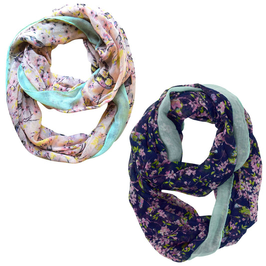 Wholesale Bulk Lot: Vintage Floral Hummingbird Print Sheer Scarf Pink Navy for Resellers