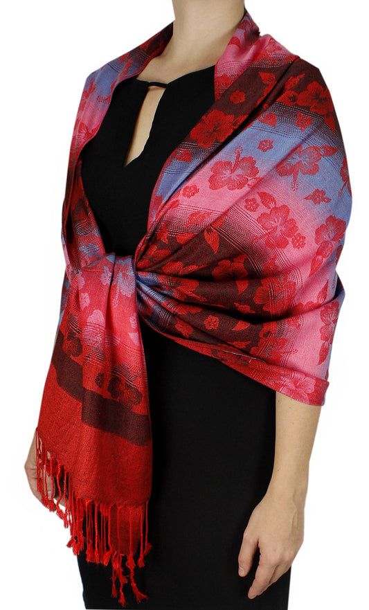 Wholesale Bulk Lot Rainbow Silky Tropical Hawaiian Pansy Pashmina Wrap Scarf Red for Resellers