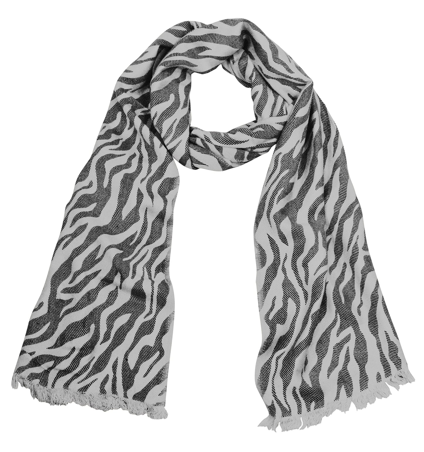 Wholesale Lot Grey White Zebra Print Pashmina Shawl Frayed Scarf for Resellers
