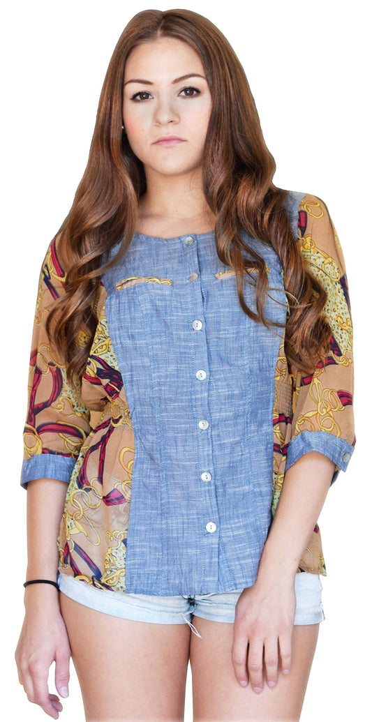 Wholesale Bulk Lot: Women’s Leopard Chiffon & Denim Button-up Shirt Large