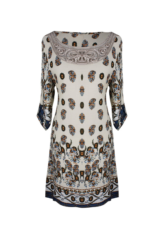 Wholesale Bulk Lot: Bohemian Paisley Waist Tie Floral Caftan Mini Dress Teal Med