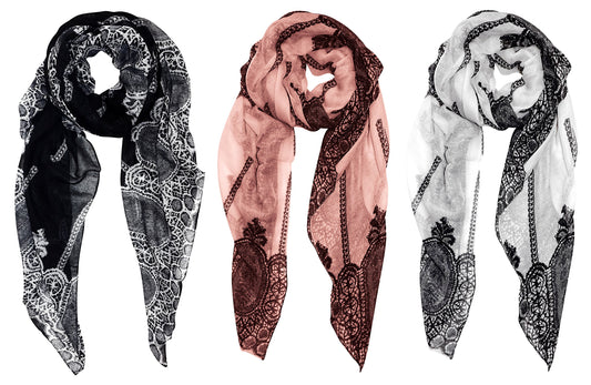 Wholesale Bulk Lot: 3 Pack Floral Damask Pashmina & Summer Scarf Reseller Pack Black Pink White