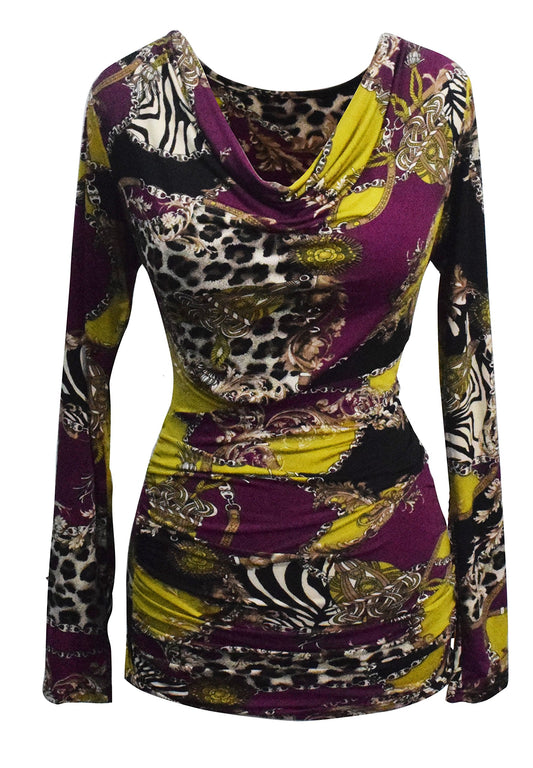 Wholesale Bulk Lot: Purple & Green Leopard Zebra Print Long Sleeve Blouse Small