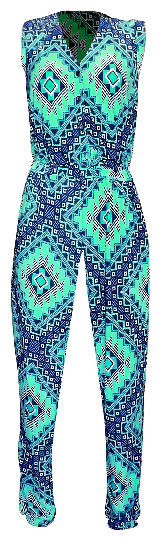 Wholesale Bulk Lot: Tribal Geometric V Neck Sleeveless Romper Jumpsuit Blue L