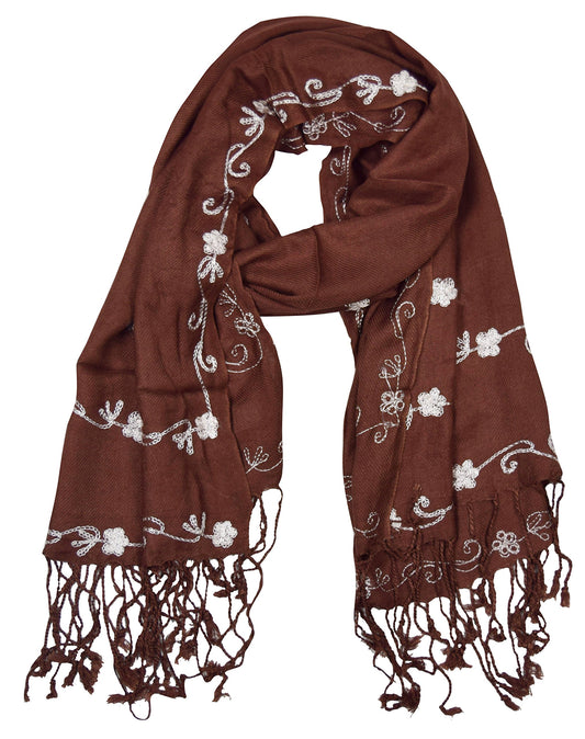Wholesale Bulk Lot Hand Embroidered Floral Pashmina Shawl Scarf Chocolate Brown for Resellers
