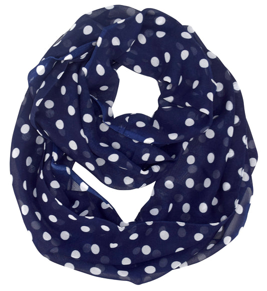 Wholesale Bulk Lot: Light Sheer Polka Dot Circle Print Navy Infinity Loop Scarf for Resellers