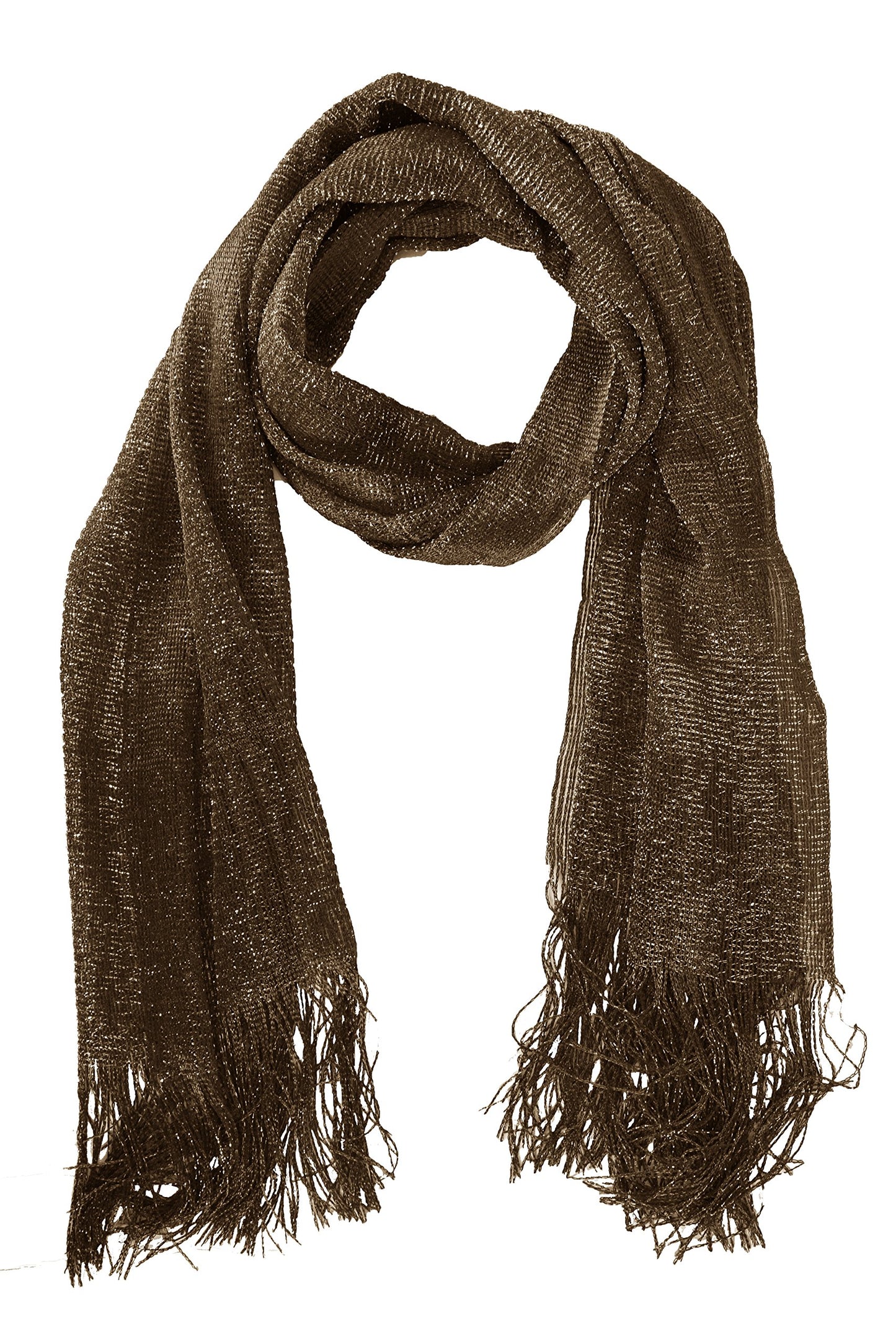 Wholesale Bulk Lot: Brown Metallic Shimmer Sheer Mesh Glitter Fringe Scarf Reseller Pack