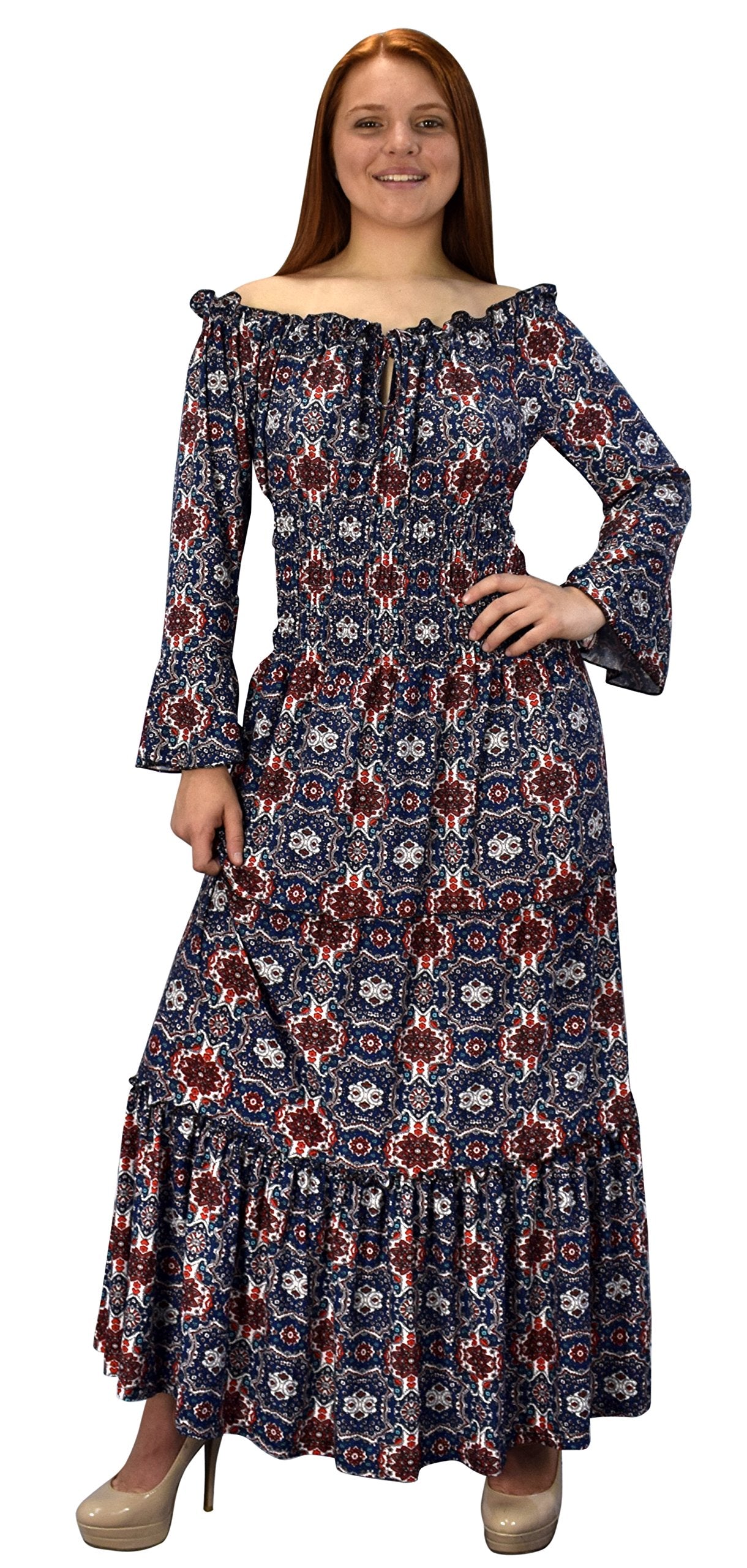 Wholesale Bulk Lot: Gypsy Boho Smocked Tiered Renaissance Maxi Dress Navy Medium
