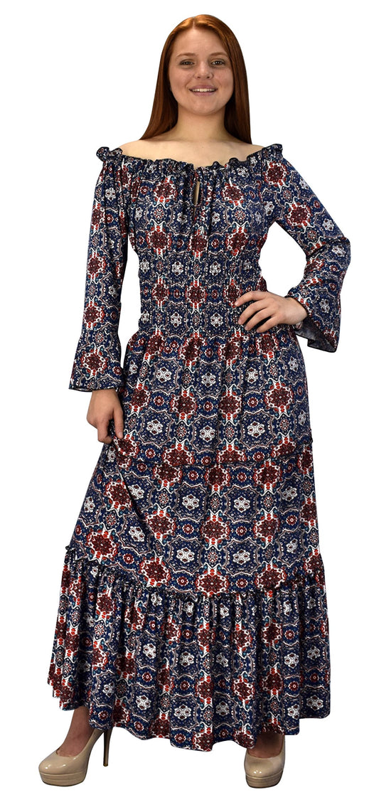 Wholesale Bulk Lot: Gypsy Boho Smocked Tiered Renaissance Maxi Dress Navy Medium