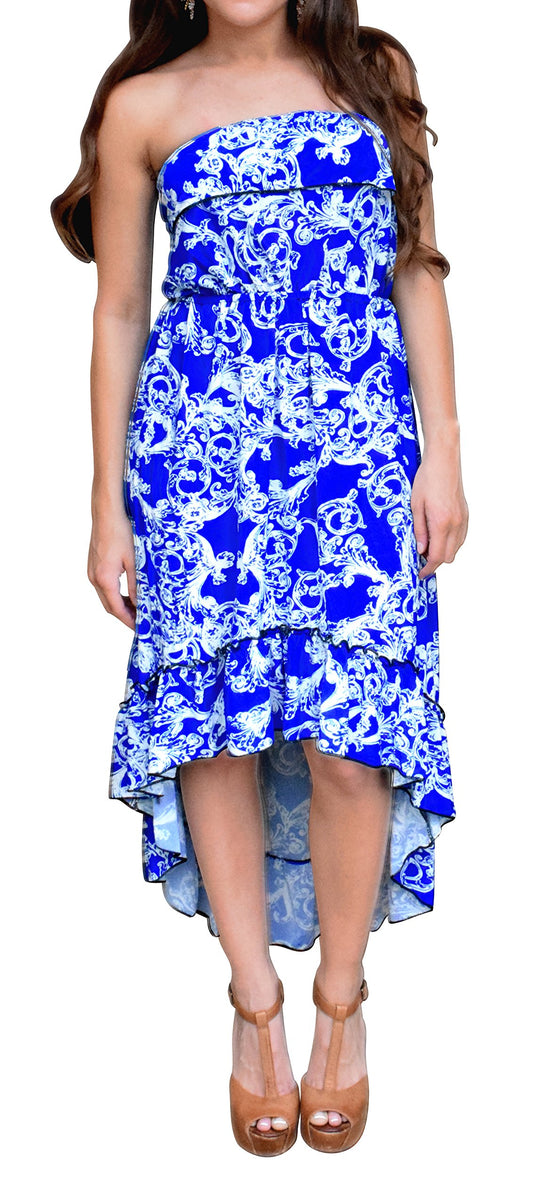 Wholesale Lot: Paisley Strapless Ruffled Hi Lo Blouson Dress, Royal Blue, Large