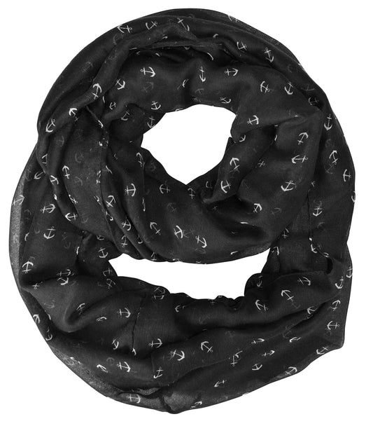 Wholesale Bulk Lot: Nautical Anchor Print Black Lightweight Infinity Loop Scarf Reseller Pack