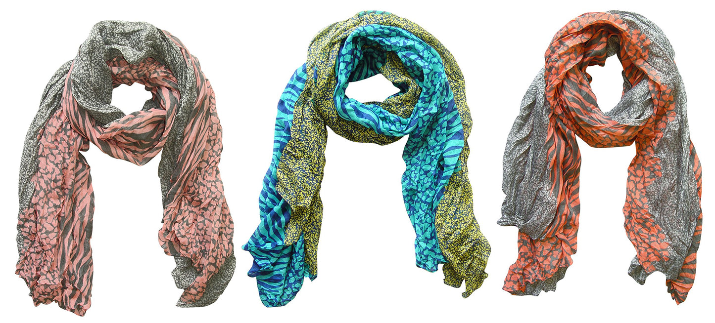 Wholesale Bulk Lot: 3 Pack Retro Zebra Leopard Animal Print Crinkle Scarf Salmon Pink Teal Reseller